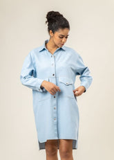 A Model Wearing Blue Upcycled Denim Greta Shirt Dress, curated by Only Ethikal